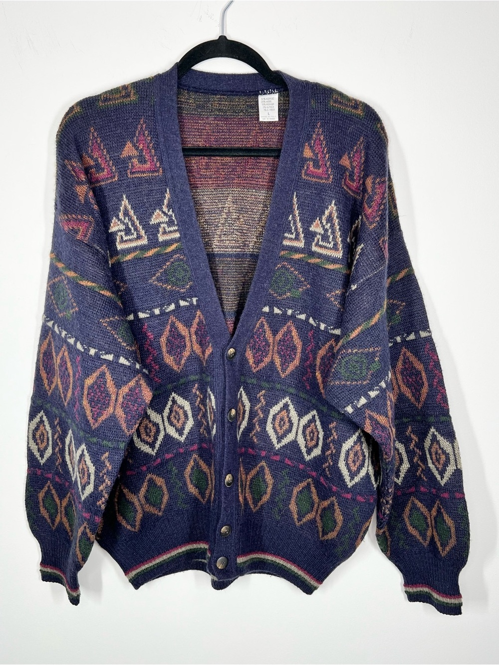 VTG Cardigan Sweater Italy Wool Mohair Alpaca Grandpa Geometric Fair Isle Large